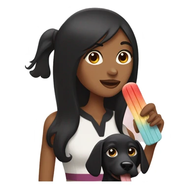 A woman with long straight black hair, brown eyes, holding a black dog and a ice popsicle in the other hand  sticker