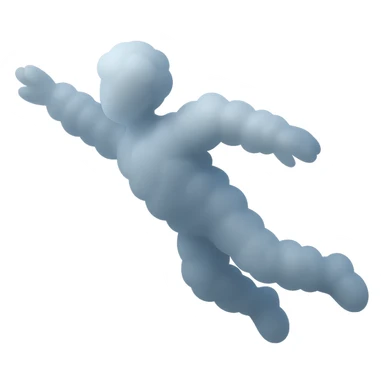 person in flight composed of small white fluffy clouds, matte glass style, no background, minimalist sticker