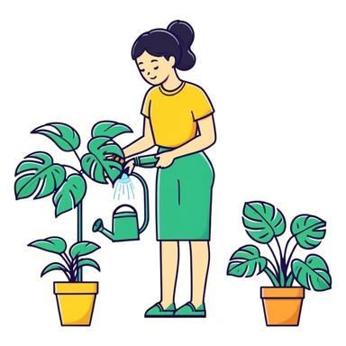 woman watering her monstera plant sticker