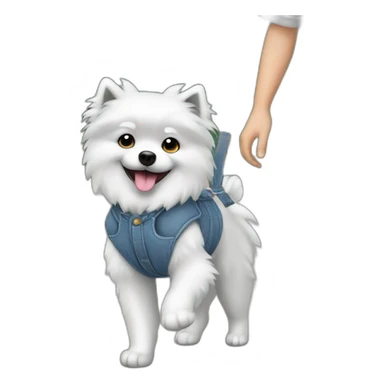 Gray small spitz in overalls walking in sticker