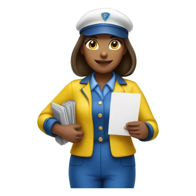 close shot of a postwoman wearing a yellow and blue uniform, holding letters in her hand sticker