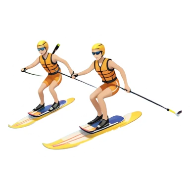 A humanless icon showing a pair of water skis skimming across the surface of a lake, with a skier in motion. The design includes a wake behind the skier, splashing water, and the sun reflecting on the water. Transparent background highlights the speed and thrill of water skiing. sticker