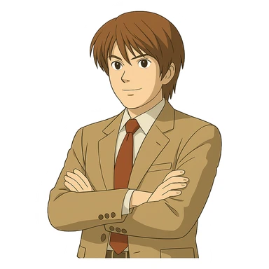 Create an exact Light Yagami in Ghibli style, standing with arms crossed, wearing the same suit, and showing the same confident expression. Match the face, hair, and suit details exactly to the reference image. Transparent background. sticker