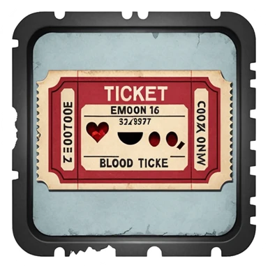 Minimalist emoji-style sticker of an old torn cinema ticket, with faded text “EMMO”, blood-stained edges and burn holes, grayscale paper

 sticker