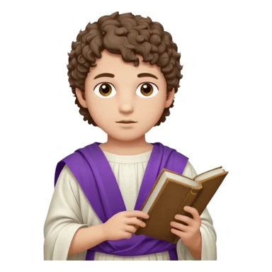 An emoji portrait of a young Roman patrician. He wears a white toga with a purple border. He has short curly hair and a dignified expression, holding a small scroll. sticker