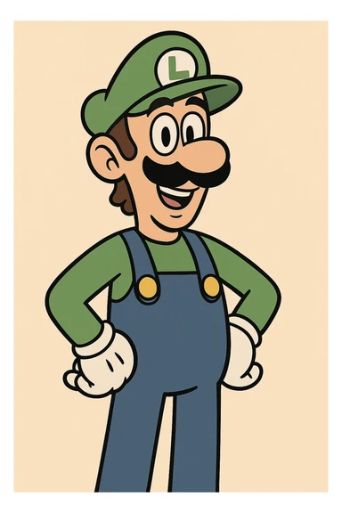 Luigi from Mario & Luigi, classic video game look, green cap, blue overalls, white gloves, smiling, cartoon style sticker