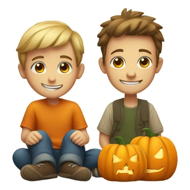 blue eyes boy sitting with pumpkin smile sticker
