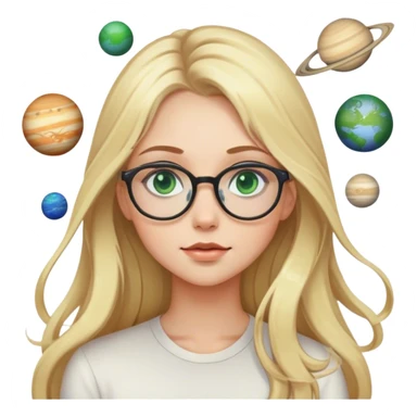 A blonde girl with long hair green eyes and glasses with many planets around her sticker
