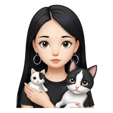 A girl with long straight black hair has upward-slanting eyeliner. She is wearing large silver hoop earrings, a black t-shirt, She is holding a  piebald cat with a black face  sticker