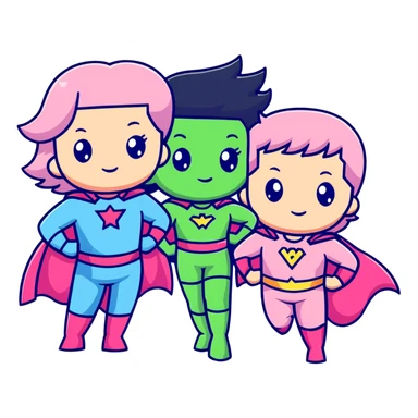 three cute superhero girls with powers - one in light blue costume, one in pink costume, and one in light green costume sticker