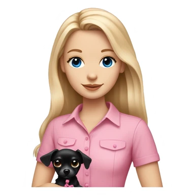 White girl with medium length blonde hair and blue eyes wearing a pink shirt holding a long haired black chihuahua wearing a pink bow sticker