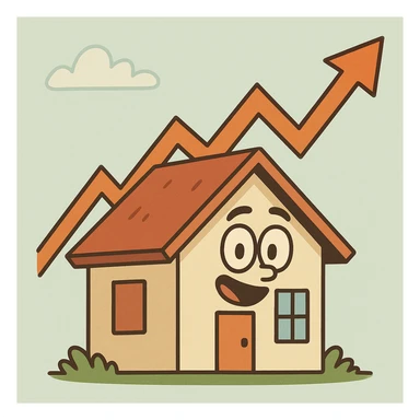 house with an upward trending graph, flat cartoon style sticker
