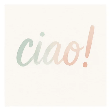 Calligraphic text 'ciao!' in handwritten style on white background in watercolor style with white, green, and pink pastel tones sticker