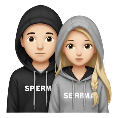chce by to byla taka emotka 🙍‍♂️
chlopaka z czarnymi losami i czarna bluza z białym napisem "sperma" na srdoku.  zeby za nim stala taka ladna blondynka z dlugaimi wlosami i ona ciagnie za sznurek od
kaptura od bluzy tej pierwszej osobyl. dziewczyna ma szarą bluze sticker