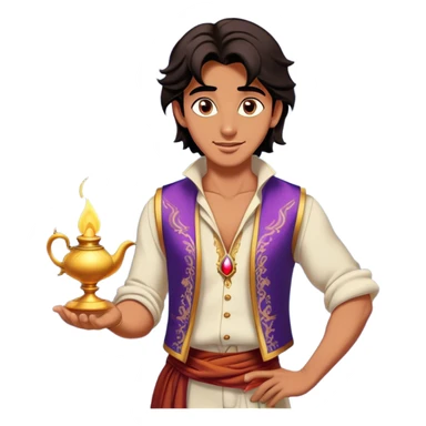 Cinematic Realistic Aladdin Portrait, depicted with lifelike, warm skin textures and a confident yet approachable gaze. His dark, wind-tousled hair frames expressive eyes full of adventure and kindness. Dressed in his iconic vest and loose trousers with intricate detailing, he holds a subtle glimmer of a magic lamp, all rendered under soft natural lighting with a radiant glow that captures his resourceful spirit. sticker