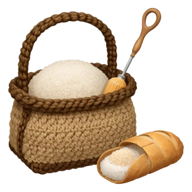  a one victorian bottle of salt and a loaf of bread - a bread bag, crochet needles and a ball of wool sticker