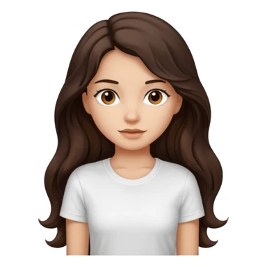 iOS style emoji. A girl with very long dark brown wavy hair. And the eyes color is dark brown. And she is wearing white t shirt  sticker