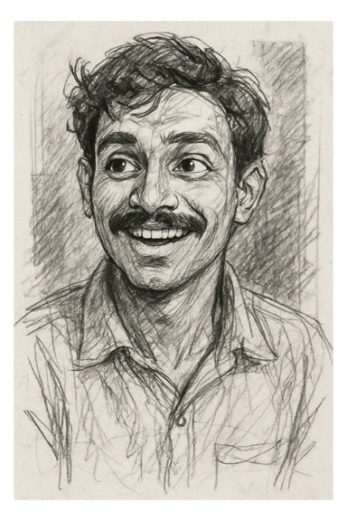 smiling, curious Indian young man with a moustache, hand-drawn sketch style sticker