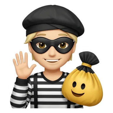 a short ios emoji-style portrait of a classic burglar, a black eye mask (looks like a blindfold) and a black-and-white striped shirt. emoji-like hair, black hat, ONE bag of money 💰 with a dollar sign in a right corner sticker