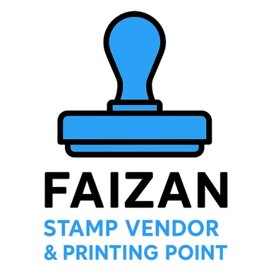 logo for 'Faizan Stamp Vendor & Printing Point', featuring a modern stamp icon, bold and professional, suitable for a printing business, clean lines, blue and black color scheme sticker