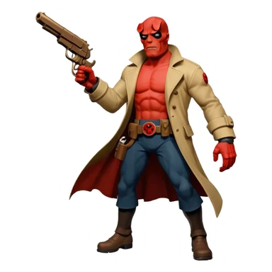 cinematic realistic superhero Hellboy by Mike Mignola jumps with a bronze pistol sticker