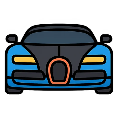 Bugatti car, front view, iconic horseshoe grille, black and blue accents, color icon style sticker