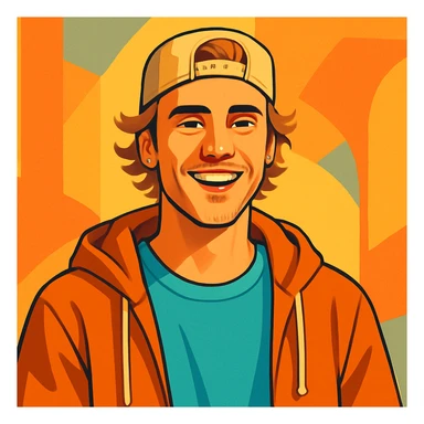Justin Bieber illustration, casual outfit, smiling, soft lighting, friendly vibe sticker