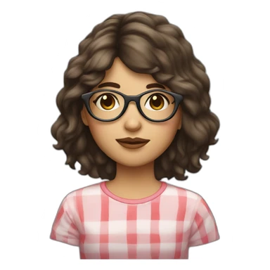 Brunette girl with circle glasses and mullet long hair and a strawberry sticker