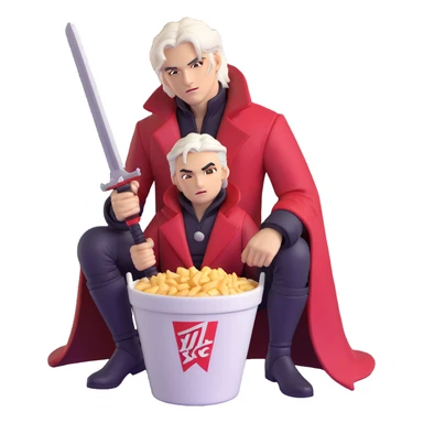 Dante from Devil May Cry sitting in a KFC bucket, red coat, white hair, rebellion sword sticker