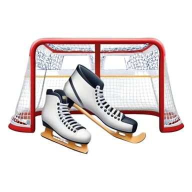 An icon showing a close-up of a hockey stick, puck, skates, and hockey net placed on the ice. The background features a packed stadium with bright lights, cheering fans, and snowy scenery outside. Transparent background highlights the key elements of the game. sticker
