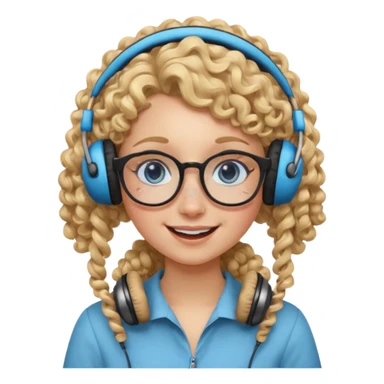 blond kid with unique face features and very curly hair kid girl happy and big glasess and big nose and very blue eyes with freckles kind of nerd looking and headphone wearing sticker