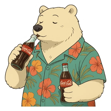 ghibli style polar bear in a Hawaiian shirt with Coke bottles, drinking Coca-Cola sticker