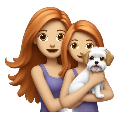 two girls, one brunette and the other blonde, are holding a red-haired maltese dog sticker