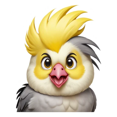 Cinematic Comical Cockatiel Portrait Emoji, Head tilted dramatically with an exaggeratedly amused expression, featuring a striking grey fur with bold yellow accents and a flamboyant crest, wide, expressive dark eyes filled with playful disbelief, Simplified yet hilariously expressive features, highly detailed, glowing with a slightly sassy glow, high shine, dramatic yet playful, stylized with an air of cheeky mischief, bright and endearing, soft glowing outline, capturing the essence of a spirited and over-the-top cockatiel, so meme-worthy it feels like it could side-eye its way into internet fame instantly! sticker