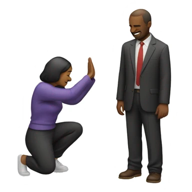 Woman bowing, man saying ok behind sticker