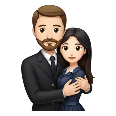 tall white man with brown hair goatee mustache hugging a pale woman with long black hair, wearing formal clothing sticker