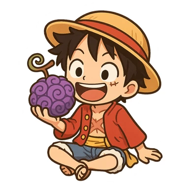Luffy holding the gum gum fruit in hand, ready to eat, chibi style, fun atmosphere sticker