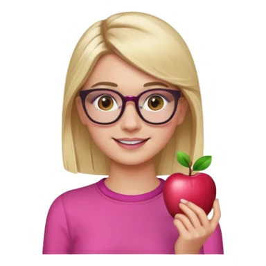 Chanel Oberlin, blonde hair, brown eyes, glasses, acne, dark eyebrows, pink outfit, apple emoji style sticker