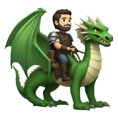 Determined armored White Man with dark brown pompadour hair and a short beard riding on the back of a giant green dragon sticker