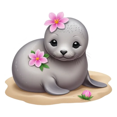 A grey small, slim baby seal resting gracefully on a sandy beach, with a delicate pink flower placed on its head.   sticker
