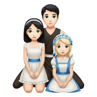 Prince, standing, black hair, blue eyes, and maid, blonde Hair, green eyes, white short sleveless dress, kneeling  sticker