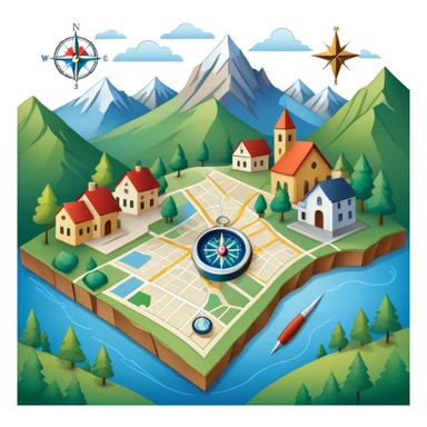 An icon featuring a local map, a compass, and regional landmarks, symbolizing local studies. The design includes a tree, mountains, and buildings, representing the unique geography and culture of a specific area. Transparent background highlights the exploration of local history and environment. sticker