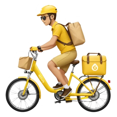 A courier on a yellow electric bike, wearing yellow and black clothes rides from left to right. On his back is a yellow food delivery bag. sticker