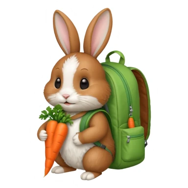 A brown & white, bunny with a green backpack, holding a carrot sticker