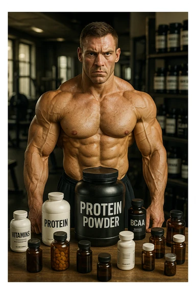 realistic muscular bodybuilder in a realistic environment, surrounded by supplements, with an expression communicating that results depend on effort, not just supplements, natural details, aspect ratio 2:3 sticker