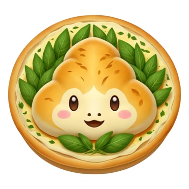 Georgian cuisine avatar in bright emoji-style illustration. Khachapuri and herbs, rich golden and green colors, simple shapes, flat design, strong character. Without human sticker