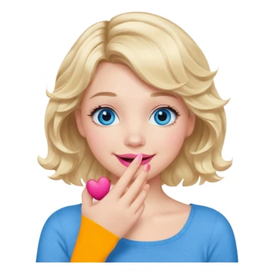 Girl Blonde short wavy hair,  blue eyes, cute blue top, long lashes, pink lips, smiling, hand covering the mouth sticker