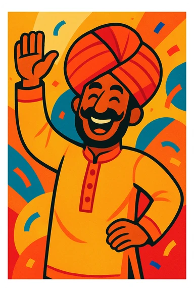 an Indian man wearing a kurta and turban, cheerful, festive look sticker