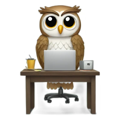 Sad tired owl is working on computer sticker