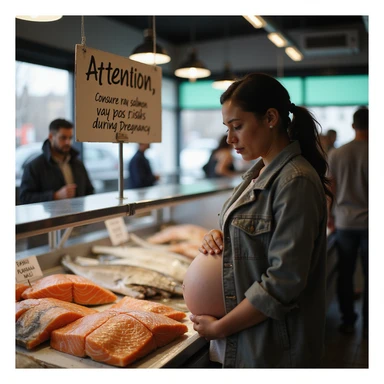 realistic pregnant woman in 4K reading a sign in a fish market that says: 'Attention, consuming raw salmon may pose risks during pregnancy' sticker